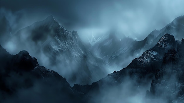 Foggy night view of mountains with dim light