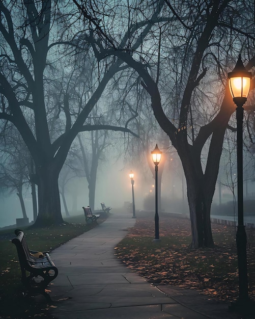 a foggy park with benches and street lamps