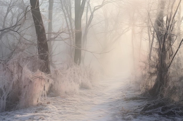 Photo a foggy path in the woods with trees