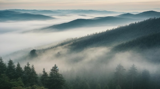 写真 霧 の 頂点 と 松 の 樹木