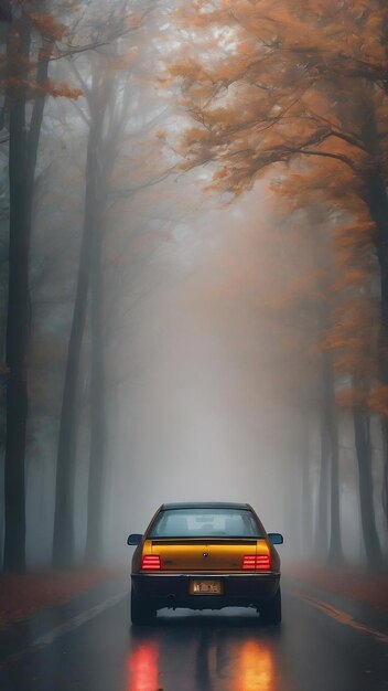 A foggy photo of a car in the fog