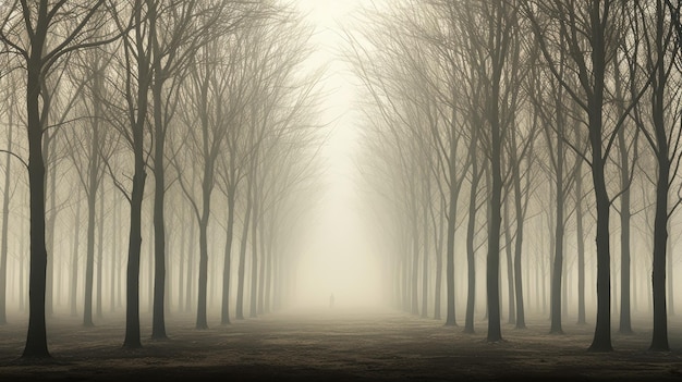 A foggy plantation resembling a tall straight tree row