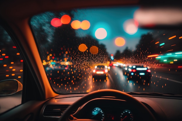 霧がかかった雨に濡れた車内照明