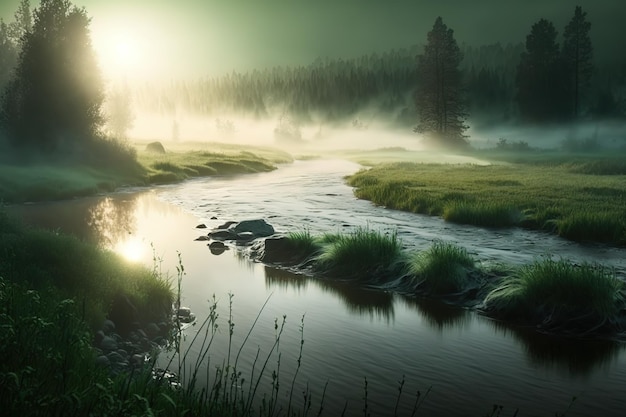 霧がかった川、日差しの中で新緑の草 幻想的な魔法のイラスト AI