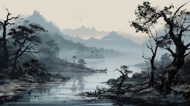 A foggy river with trees and fog in the foreground Generative AI