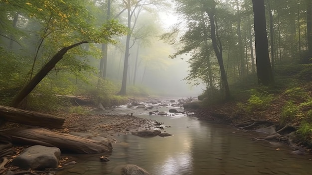 A foggy river in the woods with a river in the foreground.