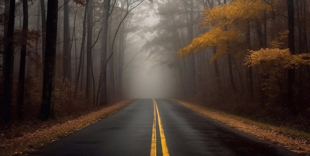 Strada nebbiosa nella foresta autunnale con alberi gialli e nebbia foto di alta qualità