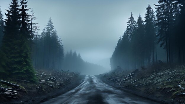 Foggy road in the forest with trees and fog in the background