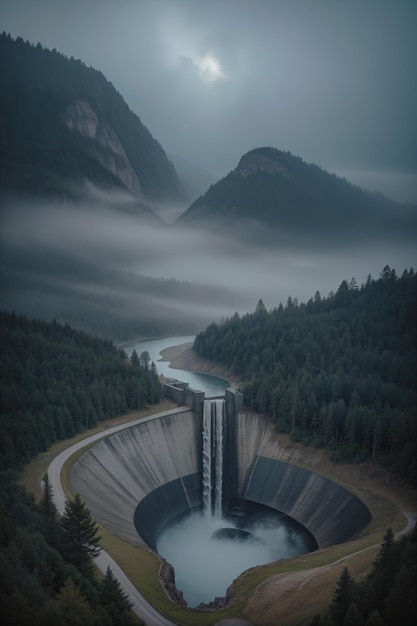 Foggy scenery of a mountain pine forest with a dam