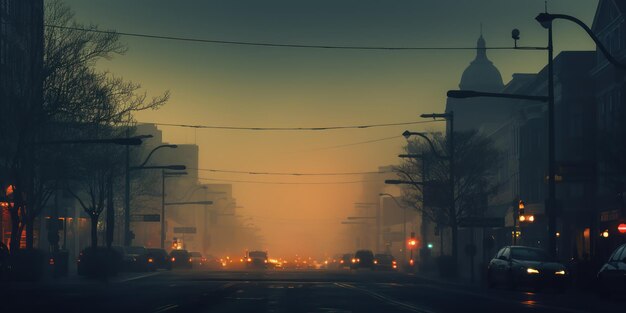 霧に覆われた街路と人や車の輪郭