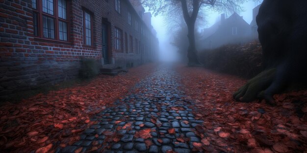 Foto una strada nebbiosa con foglie rosse sul terreno