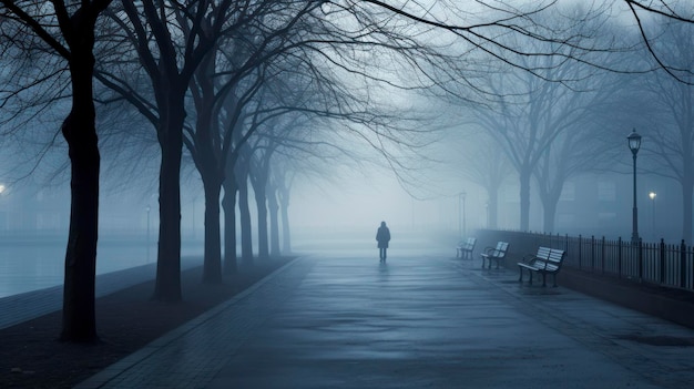 Туманная улица с одиноким человеком, идущим