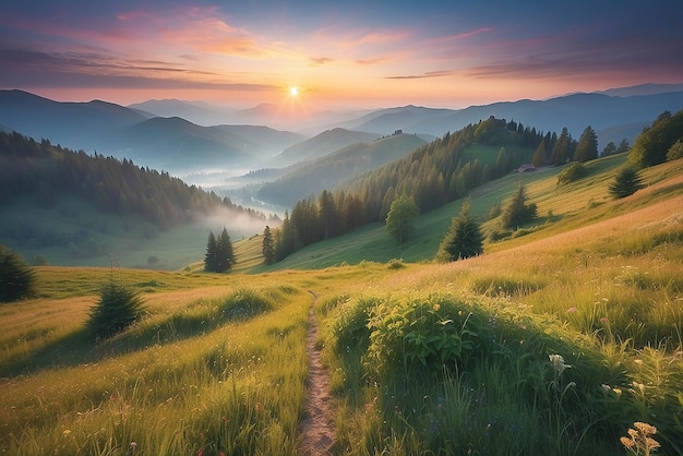 Foggy summer sunrise in the Carpathian mountains Colorful morning scene in the mountain valley Beauty of nature concept background Artistic style post processed photo