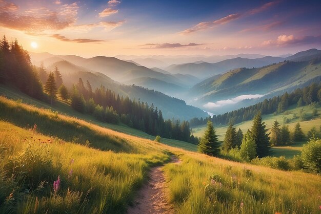 カルパチア山脈の霧の夏の日の出 山の谷の色彩の朝のシーン 自然の美しさ コンセプトの背景 芸術的なスタイル プロセッシングされた写真