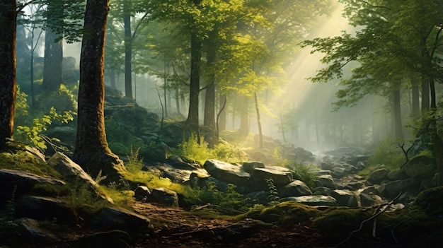 Foggy sunny morning in summer forest Fantasy forest