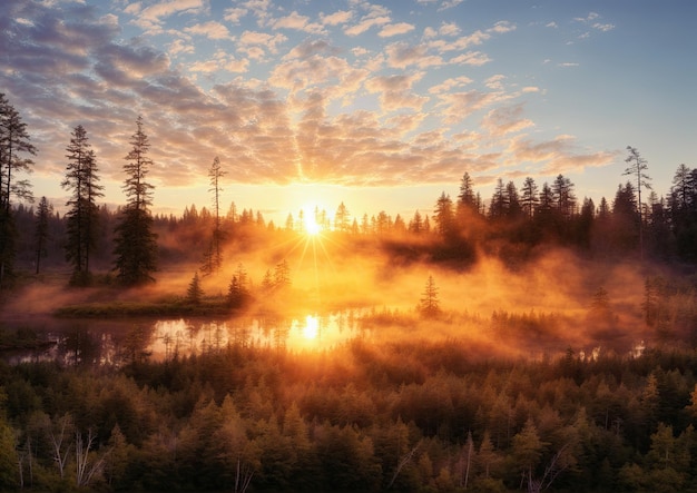 Foggy sunrise over the lake in the forest Landscape