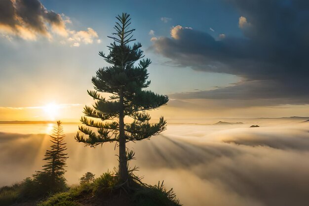 a foggy sunrise over a mountain with a tree in the foreground.