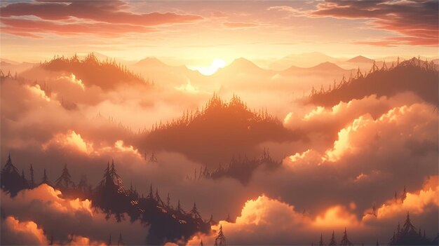 Foggy sunrise in the mountains panoramic view