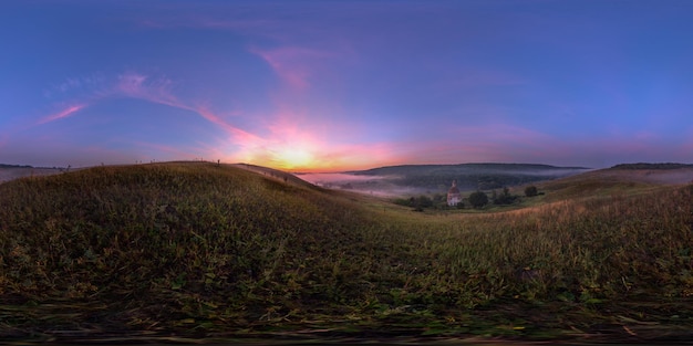 Foggy sunrise at riverside spherical panorama