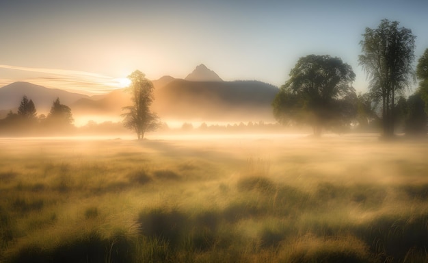 A foggy sunrise with mountains in the background