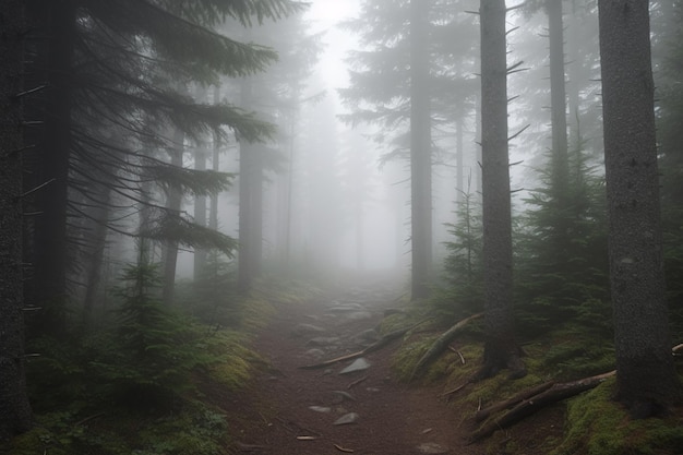 A foggy trail in the forest with a trail in the foreground.