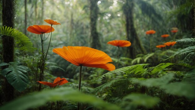 Photo foggy tropical rainforest with orange flowers and ferns