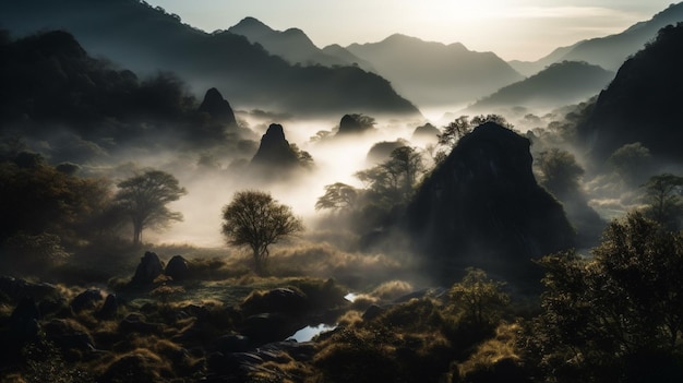 A foggy valley with mountains in the background