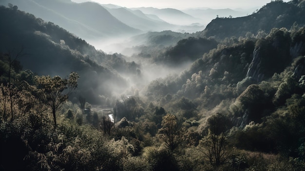 A foggy view of the mountains in the distance