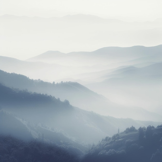 A foggy view of the mountains with the mountains in the background.