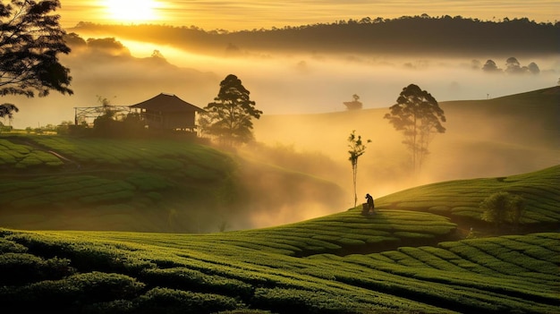 Foggy yet warm sunrise in cukul tea garden bandung indonesia