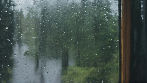 霧の窓のガラスと雨の滴と背景のぼんやりした森