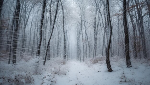 AIが生成した霧深い冬の森の神秘と美しさの静寂な風景