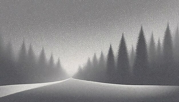 Foggy winter landscape with road and pines