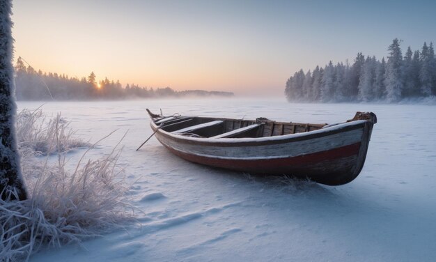 얼어붙은 호수에 나무 보트가 있는 안개 낀 겨울 풍경