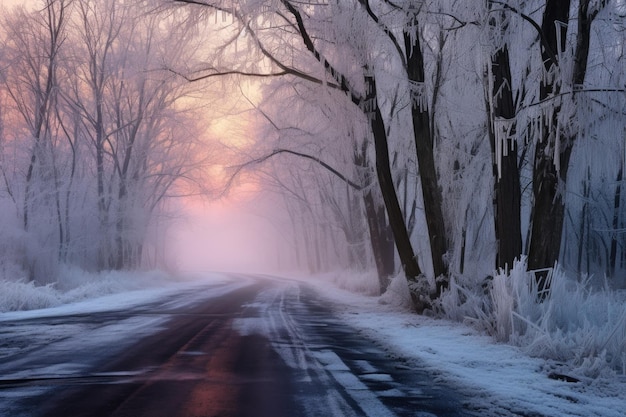 Foggy winter morning with icy road and frosty trees created with generative ai