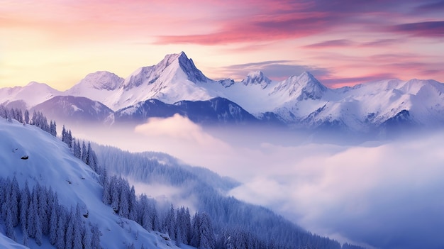 foggy winter sunrise in the snowy mountain