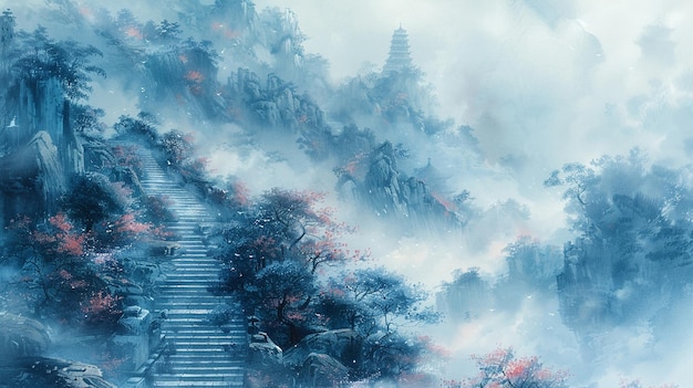 Fogwrapped path to a shrine depicted in a misty