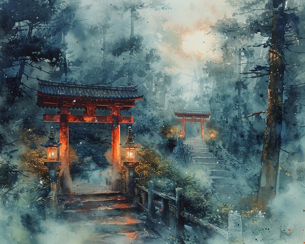 Fogwrapped path to a shrine depicted in a misty