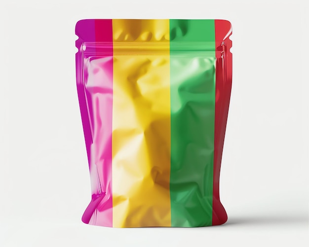 写真 カラフルなイラストの背景の飲み物と食品のパッケージデザインのためのフォイルバッグのモックアップ