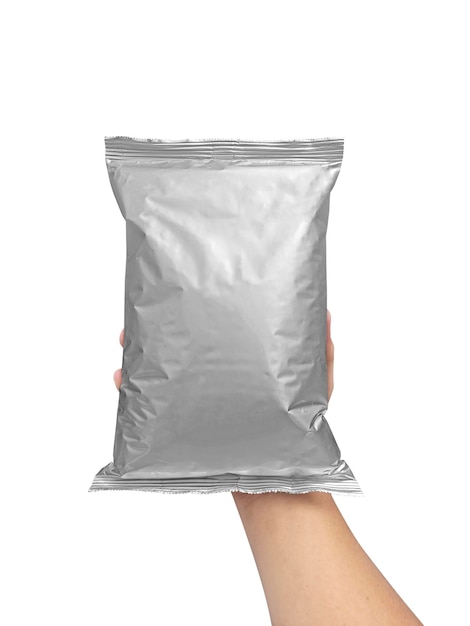 Foil food package mockup in hand on white isolation background