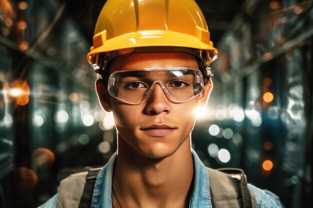 Photo fokussierter junger mann bei der arbeit mit helm und schutzbrille