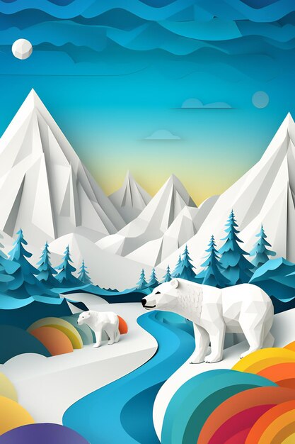 Fold Your Imagination with 3D Origami Wallpaper Polar Bears on Snowy Plains