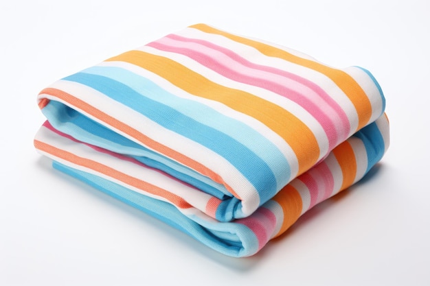 Сложенное пляжное полотенце из полосатого материала, представленное на белом фоне отдельно от других предметов.