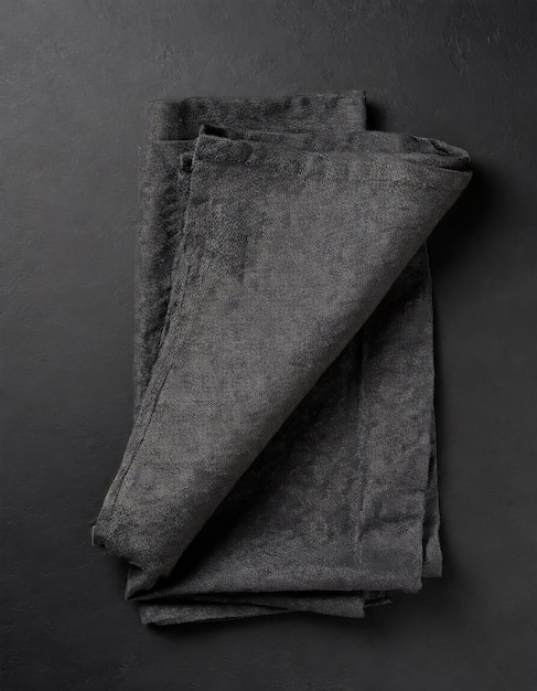 Photo folded black linen linen kitchen towel on a black background top view