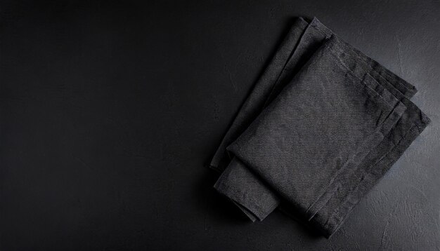 Photo folded black linen linen kitchen towel on a black background top view