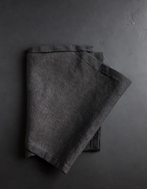 写真 黒い背景のトップビューで折りたたまれた黒いリネンリネンキッチンタオル