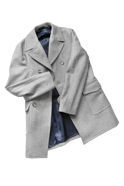 Folded classic grey wool coat on white background