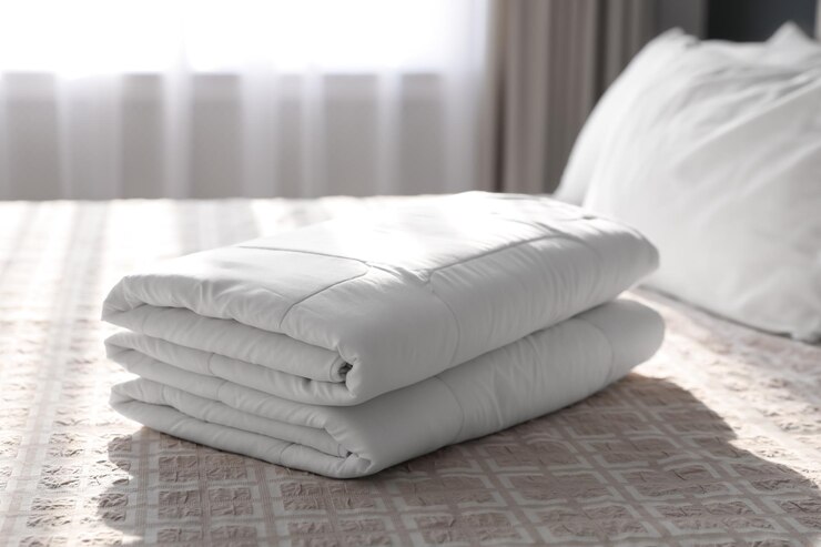 Photo folded clean blanket on bed in room