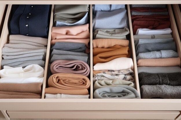 Photo folded clothes in open drawer closeup wardrobe interior