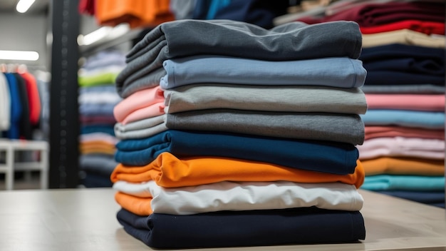 Folded clothes on shelves in a store